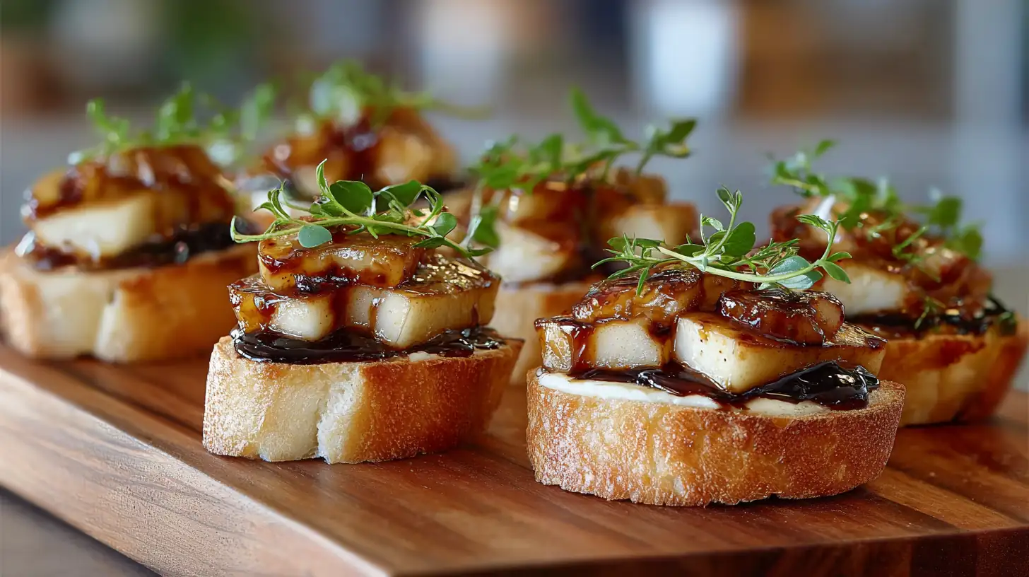 Caramelized Pear & Brie Canapés 2 Close-up of toasted baguette rounds topped with melted brie, caramelized pear pieces, dark glossy sauce, and fresh microgreens.