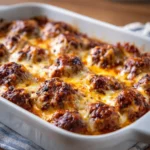 Cheesy BBQ meatballs baked until golden and bubbly in a rectangular baking dish, ready to serve