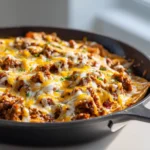 Beef taco skillet with melted cheese and seasoned ground beef baked in a cast iron skillet on a bright kitchen counter