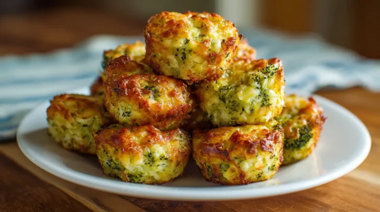 Stack of golden cheesy broccoli tater tot bites on a white plate with crisp edges and melted cheese in warm light