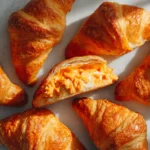 Buffalo Chicken Crescent Rolls 3 Buffalo chicken crescent rolls arranged on parchment paper, with one roll sliced open to show creamy buffalo filling.
