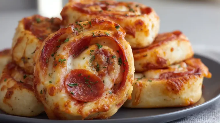 Close-up of baked pizza roll-ups with melted cheese and turkey pepperoni, stacked on a dark plate with golden edges.