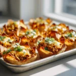Cheesy taco cups baked in a muffin pan, filled with seasoned beef and topped with melted cheese and fresh herbs.