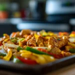 Sheet pan chicken fajitas with roasted chicken strips, bell peppers, and onions in a bright kitchen setting