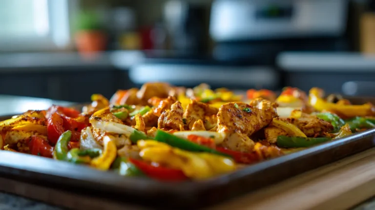 Sheet pan chicken fajitas with roasted chicken strips, bell peppers, and onions in a bright kitchen setting