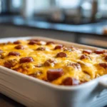 Chili cheese dog casserole baked in a white dish with melted cheddar cheese and sliced beef hot dogs on top.