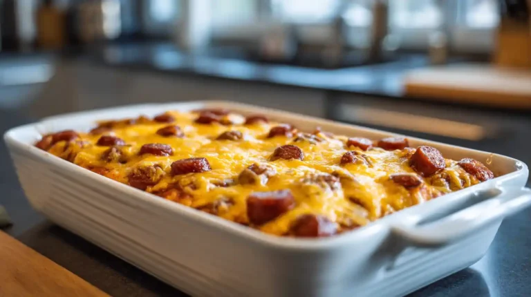 Chili cheese dog casserole baked in a white dish with melted cheddar cheese and sliced beef hot dogs on top.