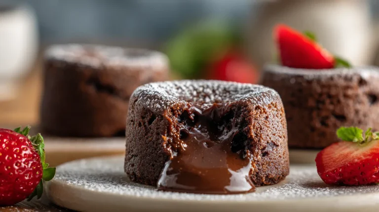 Chocolate lava cake cut open with warm molten chocolate center flowing onto a plate, dusted with powdered sugar and served with strawberries.