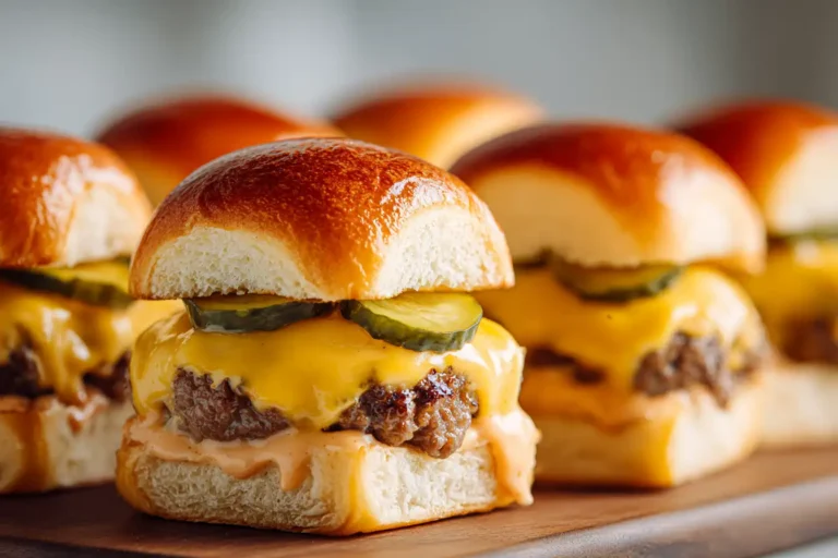 Close-up of cheeseburger sliders with melted American cheese, pickles, and soft golden buns on a wooden board.