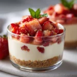 Strawberry Cheesecake Cups 3 close-up of a strawberry cheesecake cup with graham crust, creamy cheesecake layer, and diced strawberries on top