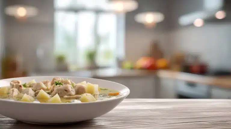 Warm bowl of chicken and potato soup on a wooden table with a blurred modern kitchen in the background.