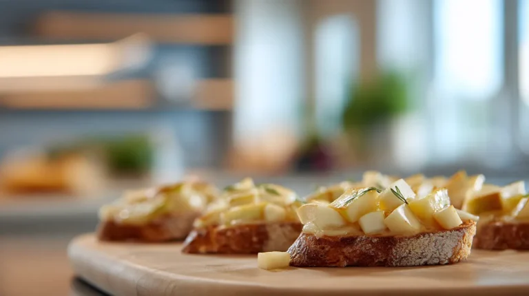 Close-up of toasted crostini topped with melted gouda and diced apples on a wooden board in a softly lit kitchen.