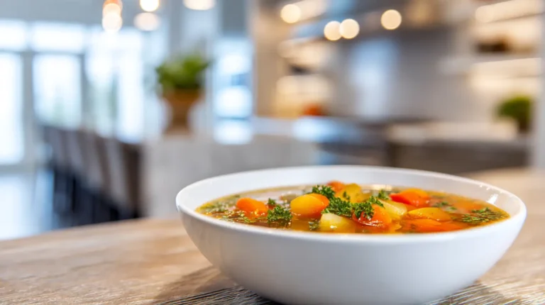 A white bowl of vegetable soup with carrots, potatoes, and herbs on a wooden surface in a bright modern kitchen.