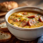 Hearty bowl of smoky sausage and potato soup served with crusty bread on a wooden table.