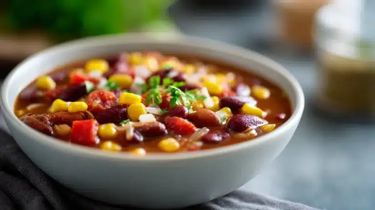 A close-up bowl of taco bean soup with tomatoes, corn, and beans in warm natural light.