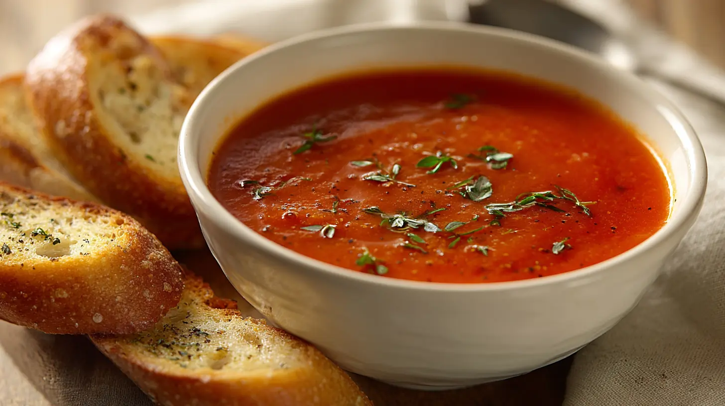 15-Minute Tomato Vegetable Soup 2 Bowl of tomato vegetable soup topped with herbs served with toasted garlic bread on a neutral plate in warm light