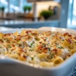 Creamy chicken Alfredo bake in a white casserole dish with penne pasta, golden melted cheese, and herbs in a bright kitchen.