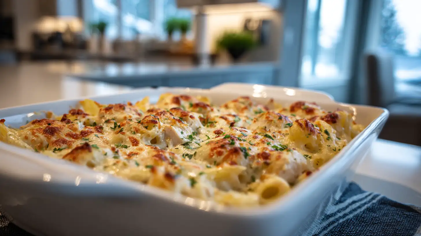 Creamy Chicken Alfredo Bake 2 Creamy chicken Alfredo bake in a white casserole dish with penne pasta, golden melted cheese, and herbs in a bright kitchen.