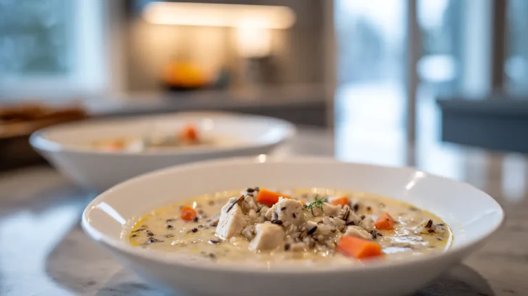 Creamy chicken and wild rice soup in a shallow white bowl with visible carrots and tender chicken pieces on a marble countertop.