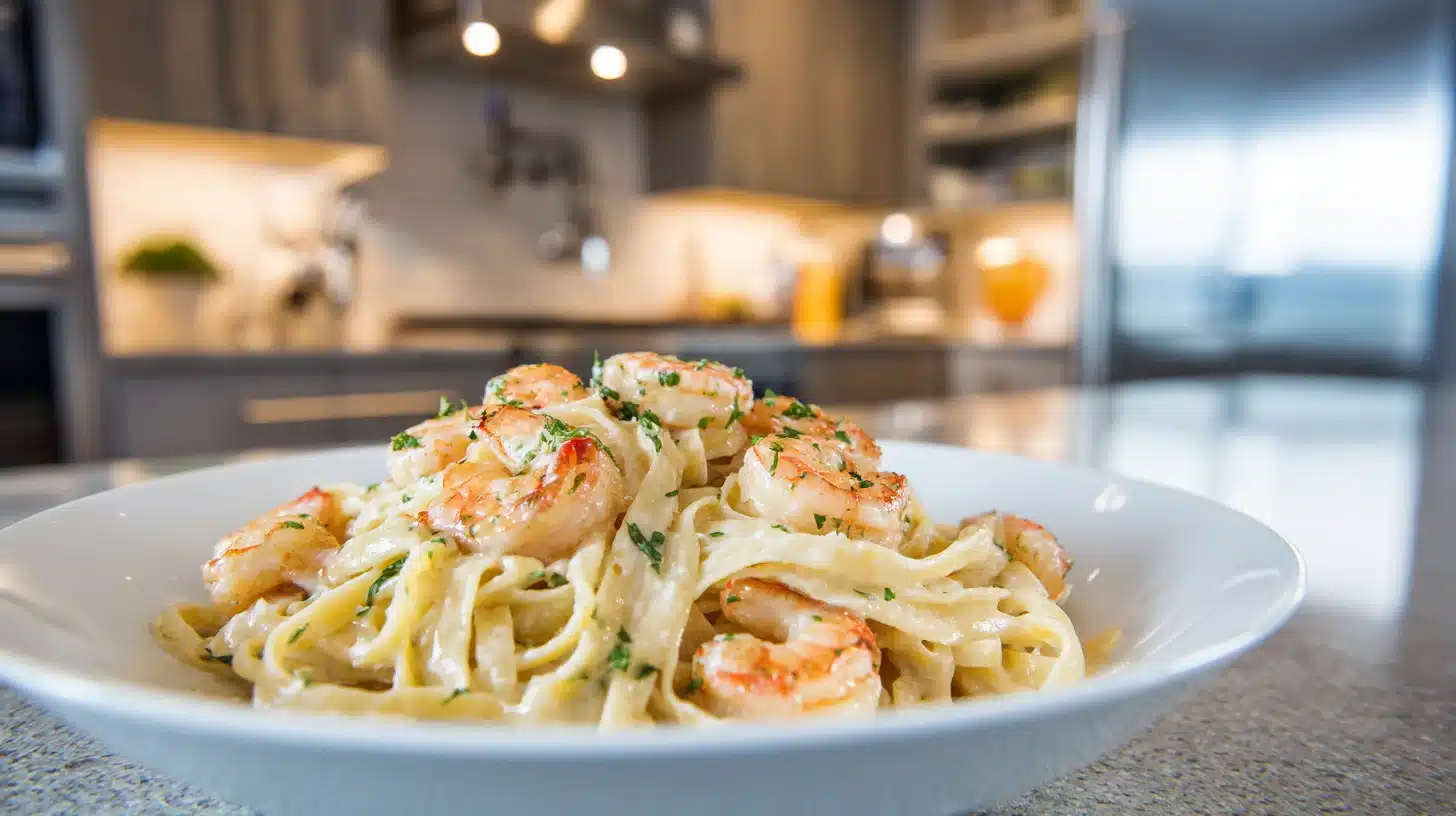 Creamy shrimp alfredo served in a white bowl with fettuccine noodles and sautéed shrimp in a modern kitchen setting.