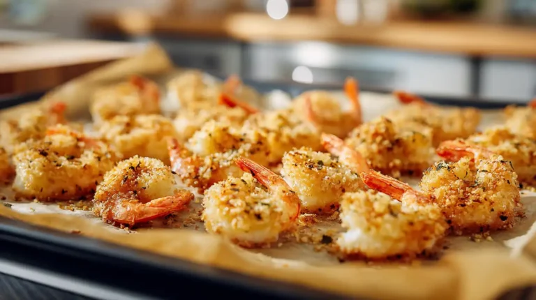 Crispy baked shrimp arranged on a parchment-lined baking sheet with golden breadcrumb coating in a bright kitchen setting.