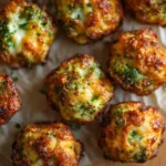 Close-up of baked broccoli tater tot bites with browned cheese and crisp edges on parchment paper