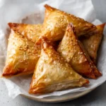 A plate of crisp golden phyllo triangles sprinkled with sesame seeds on parchment paper.