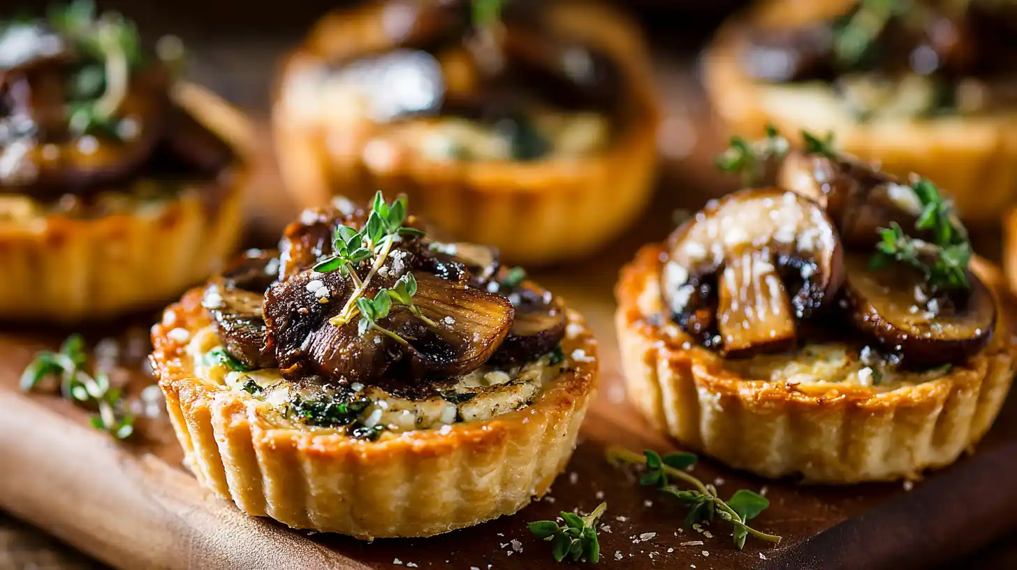 Mushroom & Thyme Tartlet Bites 2 Golden tartlet filled with sautéed mushrooms and thyme on a wooden board.