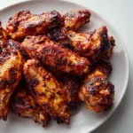 Plate of oven-baked BBQ chicken wings with crispy skin and dark caramelized barbecue sauce.
