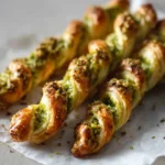Crisp puff pastry pesto twists arranged on parchment with browned edges and a glossy, flaky finish.