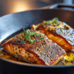 Crispy skin salmon fillets cooking in a skillet with butter, herbs, and rich golden sear.