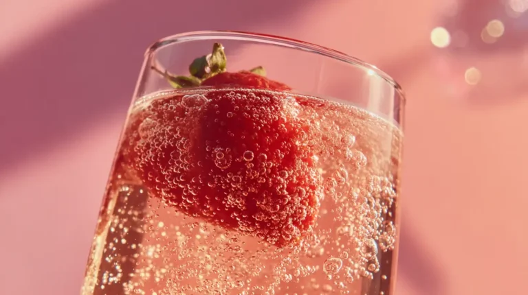 Close-up of a sparkling strawberry drink with a whole strawberry floating inside, bubbles rising in a pink Valentine setting.