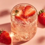 Glass of strawberry sparkler topped with sliced strawberries and bubbles, styled on a soft pink surface with fresh berries nearby.