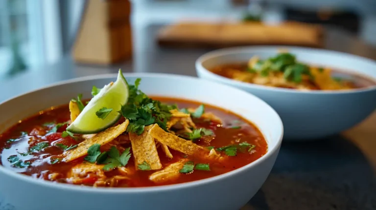Bowl of chicken tortilla soup topped with tortilla strips, cilantro, and a lime wedge on a modern kitchen counter.