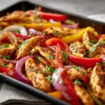 Close-up of roasted chicken fajitas with peppers, red onion, and fresh herbs on a sheet pan