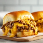 cheesy philly cheesesteak sloppy joe sandwich with melted cheddar dripping over beef on a toasted bun