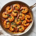 Honey Garlic Shrimp 3 Honey garlic shrimp finished in a pan, coated in thick glossy sauce and garnished with chopped green herbs.