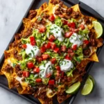 Loaded Beef Nachos Supreme 3 Baking tray of loaded beef nachos topped with guacamole, sour cream, diced tomatoes, and lime wedges.