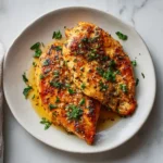 15-Minute Garlic Butter Chicken Breast 3 Plated garlic butter chicken breasts topped with herbs and buttery pan sauce on a light dish