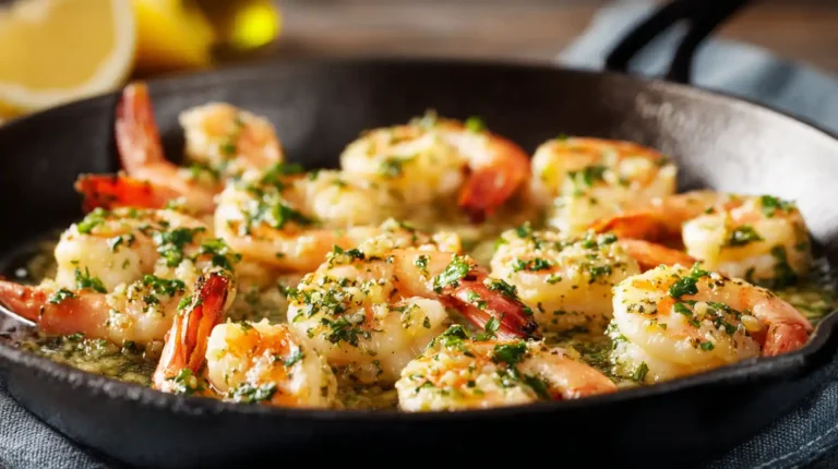 Garlic butter shrimp cooking in a black skillet, coated in a glossy butter sauce with chopped parsley.