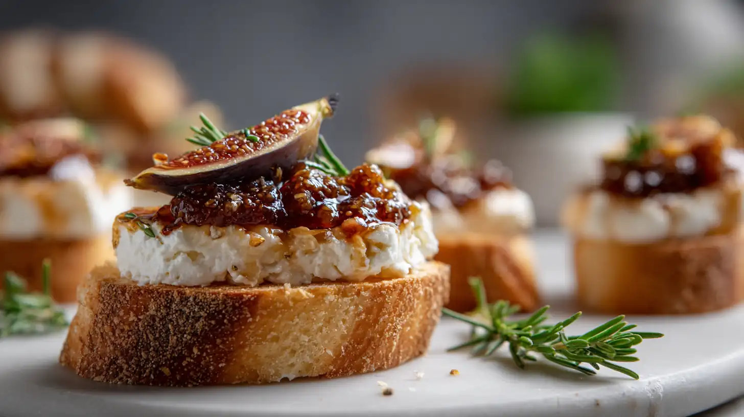 Goat Cheese & Fig Jam Canapés 2 Close-up of a toasted baguette slice topped with creamy goat cheese, fig jam, a fresh fig wedge, and rosemary on a marble board.