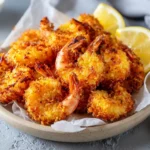 Close-up of crispy baked shrimp piled in a bowl with lemon wedges and a deep golden crust.