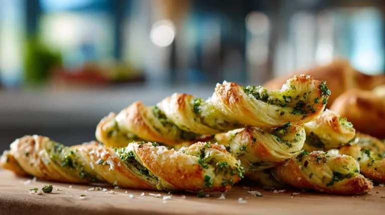 Golden puff pastry pesto twists stacked on a wooden board with visible flaky layers and bright green pesto.