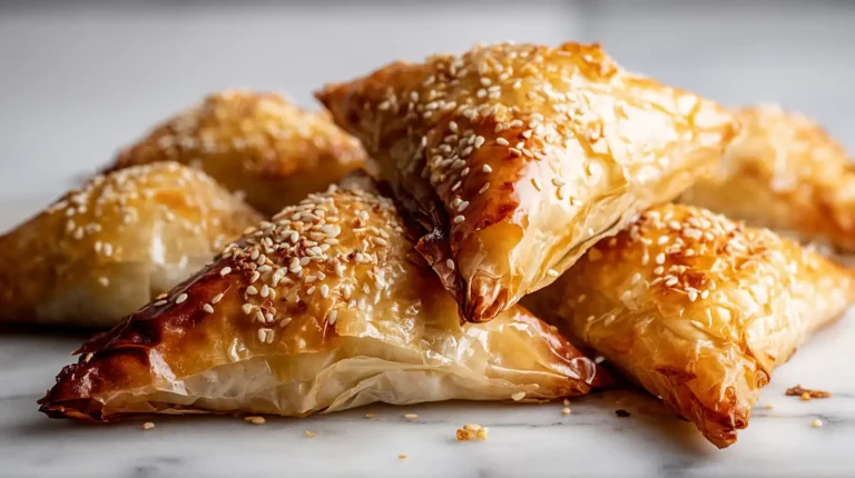 Golden baked phyllo triangles topped with toasted sesame seeds arranged on a marble surface.