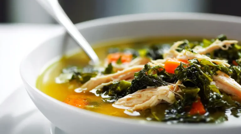 Close-up of chicken and kale soup with shredded chicken, leafy greens, and carrots in a clear golden broth.