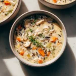 Top-down view of creamy chicken and wild rice soup in a ceramic bowl with herbs, carrots, and tender chicken pieces.