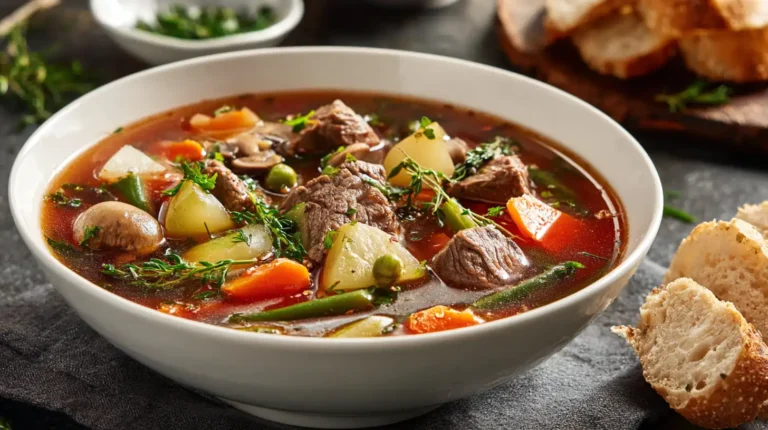 Warm bowl of vegetable beef soup with tender beef chunks, potatoes, carrots, peas, and herbs in rich broth.
