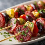 A platter of salami, olives, and peppers arranged on appetizer skewers, topped with chopped fresh herbs.