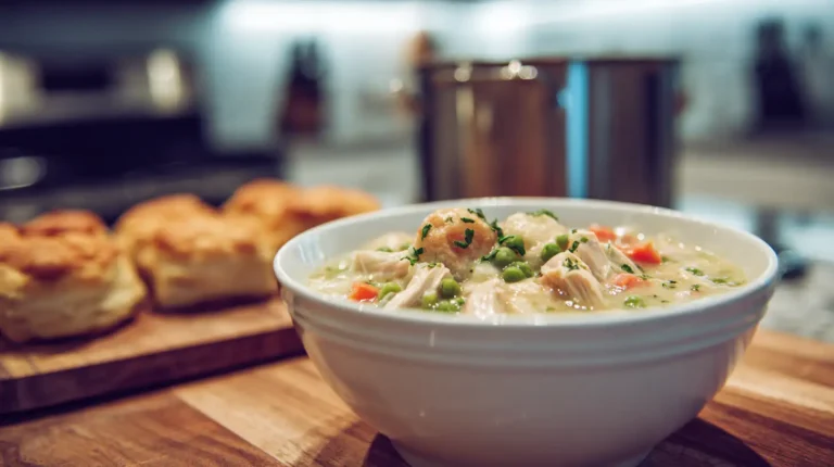 Creamy chicken pot pie soup in a white bowl topped with vegetables and biscuits on a wooden board.