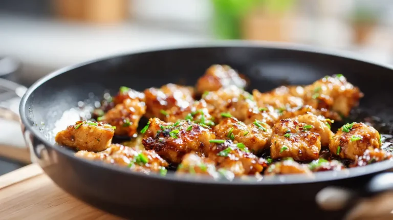Honey garlic chicken bites sizzling in a black skillet, coated in glossy sauce and garnished with fresh herbs.